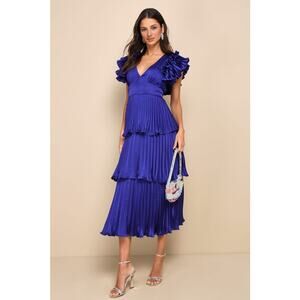 NWT Lulus Stunning Desire Cobalt Blue Satin Pleated Tiered Midi Dress Ruffle M